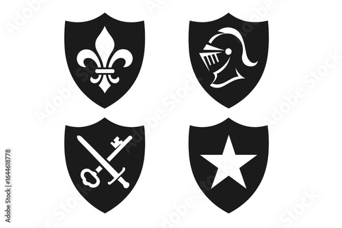 Heraldic shields vector icon set. Black silhouette emblems with knight helmet, fleur de lis, sword, key, star. Medieval armorial blazon for logo design, branding, security, honor, protection.