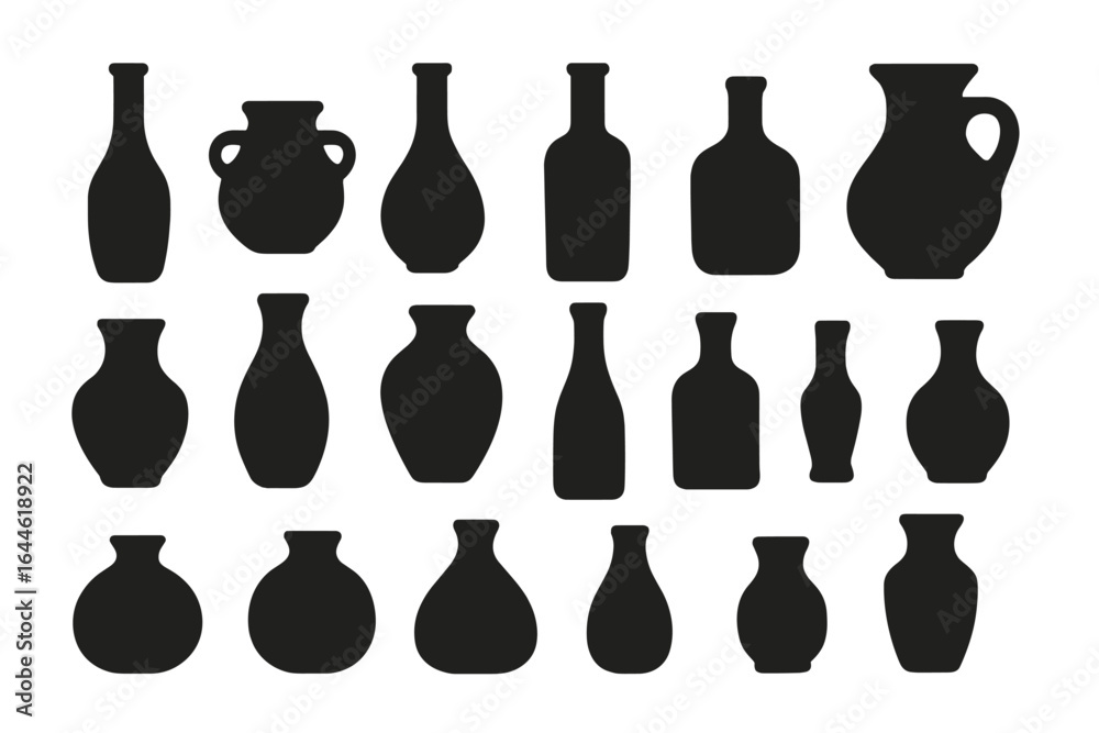 Bottles and vases silhouettes in various shapes and styles, vector illustration for design projects, patterns, clipart, decorative elements on transparent background Bottles and vases silhouettes in various shapes and styles, vector illustration for design projects, patterns, clipart, decorative elements on transparent background