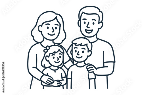 Happy family portrait with mother, father, son, and daughter. Vector line art illustration for concepts of togetherness, love, and support. Ideal for family services or insurance ads.