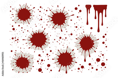Blood splatter vector set. Red drops, drips, and splashes collection. Horror, gore, and violence concept. Crime scene illustration for mystery, murder, or forensic design.