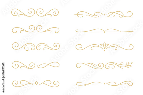 Set of elegant gold dividers and flourishes. Ornamental lines and vintage borders. Minimal separators and artistic embellishments for luxury designs, certificates, and invitations.
