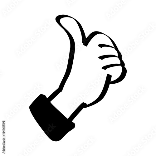 Black and white thumbs up hand gesture icon, simple and bold illustration symbolizing approval, agreement, success, and positive feedback, perfect for stickers, signs, or digital media use.