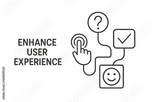 Enhance user experience concept. UI UX design workflow with intuitive icons. Customer journey from query and interaction to solution and positive feedback. Vector line art.