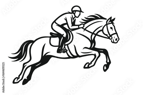 Dynamic equestrian show jumping. Rider on a horse in mid-air. Expressive line art vector illustration for sport logo, competition emblem or club mascot. Black and white.