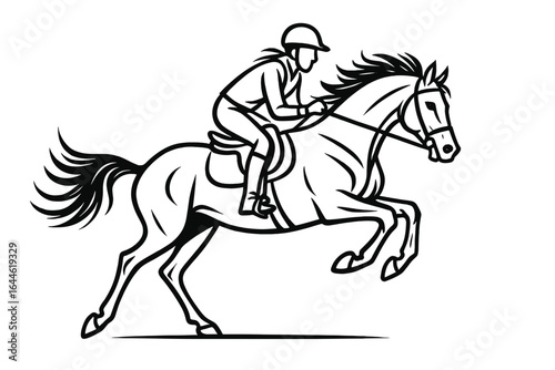 Equestrian sport line art of a jumping horse with a rider. Dynamic vector icon for a horse riding club logo or competition emblem. Jockey in show jumping or eventing.