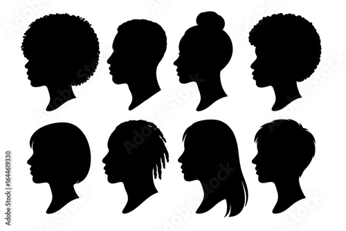 Set of head silhouettes. Diverse hairstyles and head profiles. Vector illustration of man and woman faces. African american people. Black person side view. Beauty, fashion.