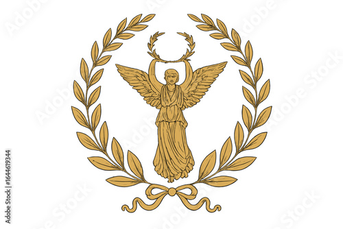 Gold emblem of victory goddess Nike with laurel wreath. Symbol of success, triumph, award. Elegant luxury antique design in ancient Greek, Roman style. Vector illustration.