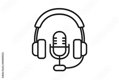 Headphone and microphone vector line art icon. Audio headset for podcasting and professional recording. Sound equipment for music production and broadcasting outline symbol.