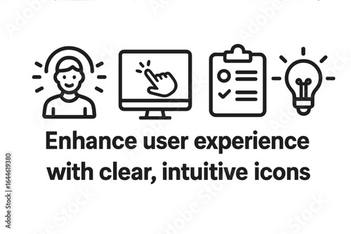 Enhance user experience with intuitive icons. Vector set for UI UX design. Includes customer satisfaction, click interaction, usability test, and innovation lightbulb symbols.
