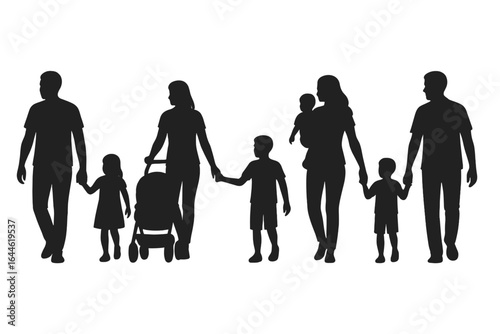 Family silhouettes vector collection. Parents and children walking together holding hands. Diverse family units with baby, son, daughter. Community and togetherness concept.