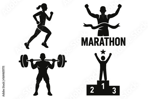 Fitness and achievement icon set. Vector silhouettes of running woman, weightlifter, marathon winner crossing finish line, and champion on podium. Sports concept.