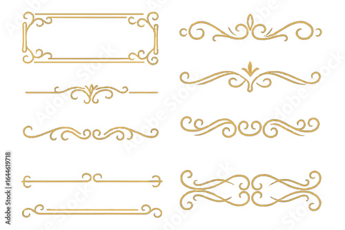 Golden ornamental line borders and elegant dividers set. Luxury vintage decorative frame and flourish scroll elements. Gold filigree calligraphic collection for wedding.