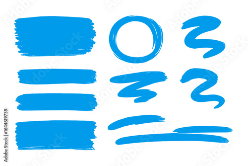 Blue brush stroke collection. Hand-drawn marker, paint, and highlighter shapes. Grunge underlines, circles, and scrawls. Artistic vector design elements for creative projects.