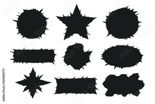 Grunge jagged irregular shapes collection. Vector distress texture frames and banners. Spiky edgy graphic elements. Black punk rock stamp stencil set for design projects.