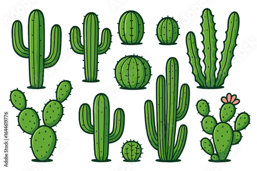Cactus vector icon set. Cute cartoon collection of various green cacti, saguaro, prickly pear. Desert nature plant, succulent flora botanical illustration isolated element.