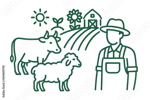 Farmer with cow and sheep in a rural farm landscape. Line art icon for livestock management, sustainable agriculture, and animal husbandry. Eco-friendly food production concept.