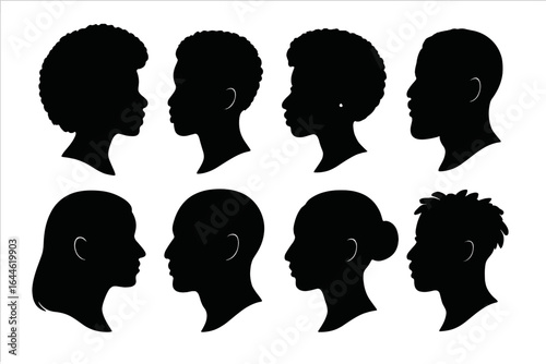 Diverse people head silhouettes. Vector profile cameo set. Man, woman, african american face collection. Variety of hairstyles, afro, dreadlocks. Anonymous user avatar icon.