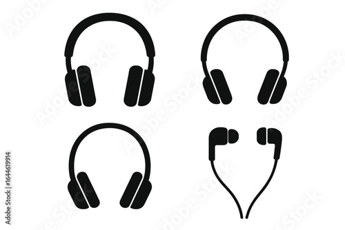 Headphones vector icon set. Earphones and earbuds silhouette collection. Audio equipment for music listening. Sound device illustration. Isolated on transparent background.