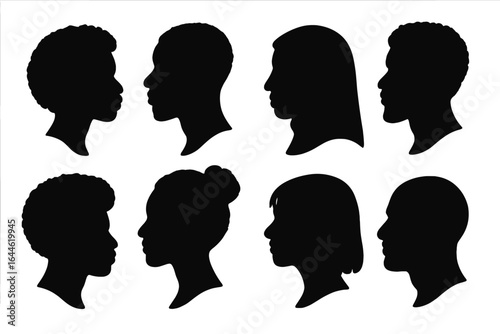 Diverse people profile silhouettes. Vector illustration set of multiethnic men and women faces. Collection of various hairstyles, including afro and hijab. User avatars.