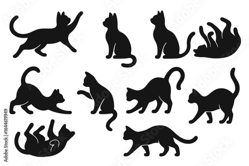 Cat silhouettes set. Collection of black cat icons in various playful poses. Feline pet character for vet clinic, logo design or animal store. Vector illustration.