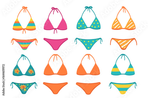 Colorful bikini vector set. Summer beachwear collection. Female swimsuit illustration with stripes, dots, flowers. Fashion swimwear design elements for vacation. Isolated.
