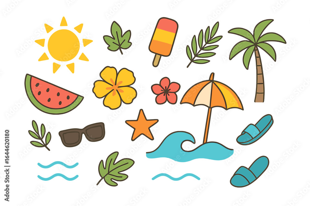 Naklejka premium Cute summer beach vacation doodle icon set. Hand-drawn cartoon collection with sun, palm tree, watermelon, ice cream, flower, sunglasses, umbrella. Tropical travel elements.