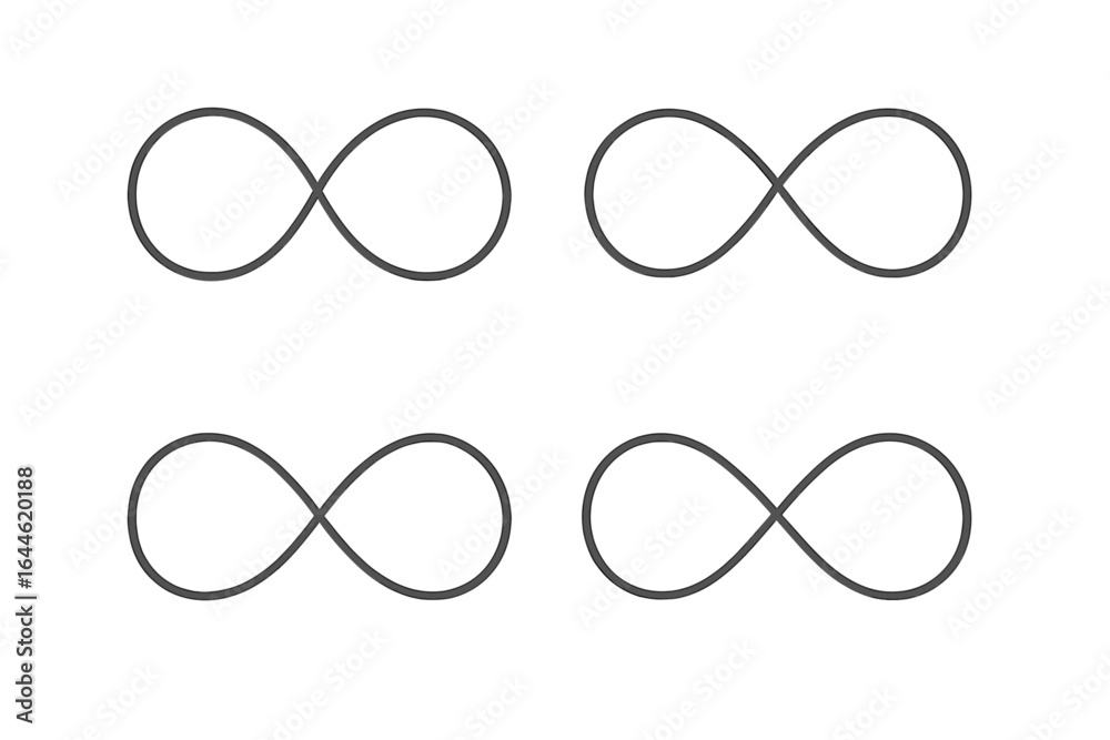 Set of four infinity symbols. Outline vector icons representing eternity, endlessness, and forever concepts. Minimalist line art for love, friendship, and spiritual design. Set of four infinity symbols. Outline vector icons representing eternity, endlessness, and forever concepts. Minimalist line art for love, friendship, and spiritual design.