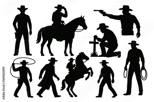 Vector collection of cowboy silhouettes in various poses. Western theme with horse rider, man with gun, lasso, and kneeling at grave. Iconic American Wild West figures.