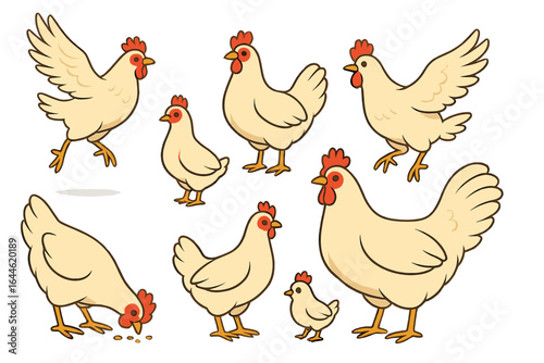 Chickens in various poses and sizes, including standing, pecking at the ground, and mid-flight, cartoon vector illustration on transparent background for farm and animal themes