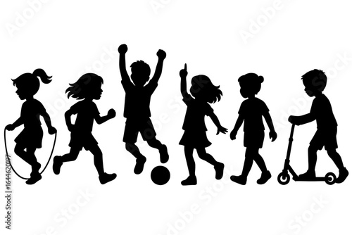 Set of children silhouettes playing outside. Kids group activity. Boy with soccer ball, girl with jump rope, boy on scooter. Childhood fun and energy. Vector illustration.