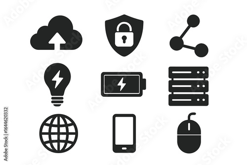 Technology icon set vector. Includes cloud computing, security, networking, energy, battery power, data server, internet, mobile phone, computer mouse glyph collection.