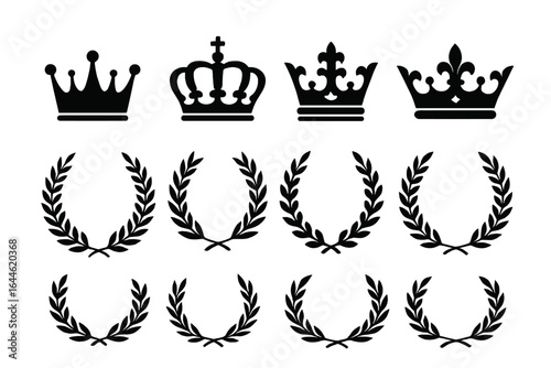 Crown and laurel wreath silhouette set. Royal icon collection for logos and emblems. Vintage vector design elements for regal themes, heraldry, awards, and victory symbols.