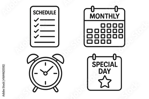 Schedule and planning line icon set. Monthly calendar, alarm clock, and special day reminder. Time management, deadline, agenda, and to-do list concept vector illustration.