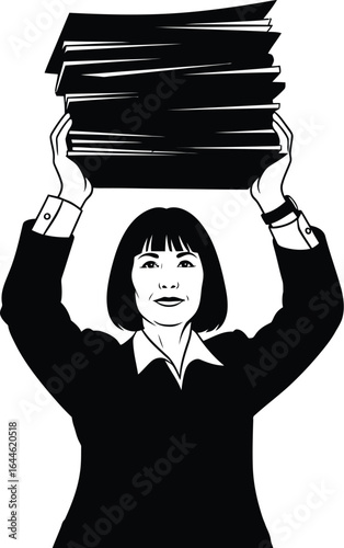 Businesswoman carrying a stack of papers vector illustration of a woman overloaded with work, perfect for illustrating stress, deadlines, and office life