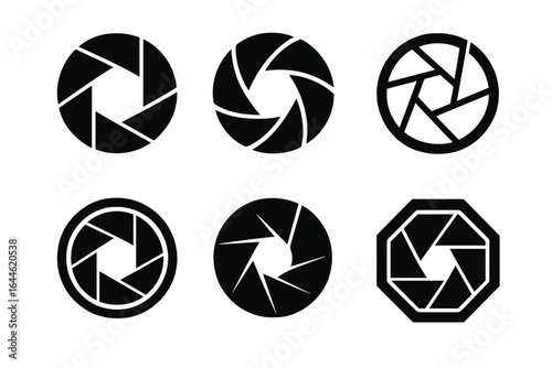 Camera shutter vector icon set. Black and white photography aperture symbols. Abstract circle lens diaphragm graphic illustration for logo design. Photo technology concept.