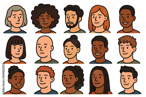 Diverse people faces vector set. Multiethnic group of men and women. Collection of cartoon character avatars with various hairstyles and skin tones. Community illustration.
