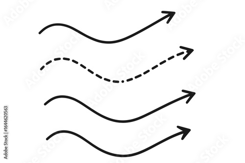 Set of hand-drawn wavy arrows. Smooth and dashed curved arrow icons. Doodle sketch style vector illustration for concepts of direction, progress, growth, and movement.