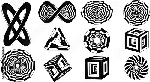 Collection of Optical Illusion Designs – Black and White Geometric Vector Patterns in Grid