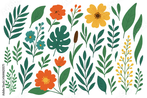 Set of hand drawn botanical elements. Collection of flowers and leaves illustration. Vector floral design assets for spring summer. Isolated colorful plant doodle monstera.