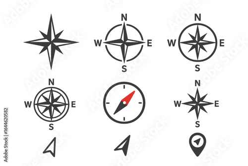 Compass icon set. Vector collection of navigation and direction symbols. Windrose, north, south, east, west signs for travel, maps, marine, and adventure concepts.