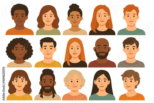Multicultural society. Diverse group of people portraits. Men, women, young and senior characters. Various hairstyles and ethnicities. User profile avatar vector icon set.