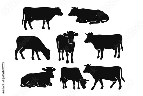 Cow silhouettes set. Collection of farm animal vectors. Graphics for agriculture, dairy products, and beef industry. Standing, grazing, and lying cows illustration.