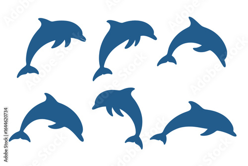 Dolphin vector silhouette set in blue. Marine animal illustration for ocean-themed designs. Jumping and swimming mammals collection isolated on white background.