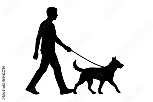 Man walking dog silhouette vector illustration. Person with pet on a leash. Owner and animal friendship concept. Canine companion walk. Outdoor activity. Simple isolated graphic design.