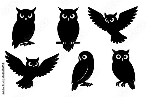 Owl silhouette vector set. Collection of black bird icons in various poses. Flying and sitting nocturnal birds. Minimalist wildlife graphic for Halloween. Spooky, cute and elegant.