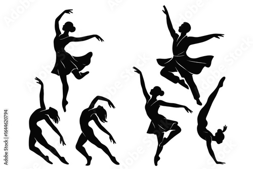 Set of black silhouettes of dancers. Elegant figures in various dance moves. Ballet, contemporary, and acrobatic poses. Vector illustration for performance arts and fitness.
