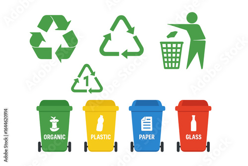 Waste sorting bins for recycling. Colorful containers for garbage separation: organic, plastic, paper, glass. Vector ecology symbols and environmental icons set.
