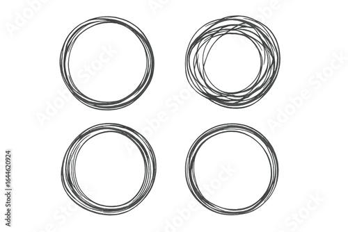 Hand drawn circle line art vector set. Collection of round doodle sketch frames. Abstract scribble shapes for graphic design. Messy, tangled, grunge handmade illustration.