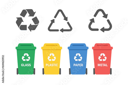Waste sorting bins for recycling. Garbage separation with colorful containers for glass, plastic, paper, metal. Vector set of recycling symbols and trash can icons.