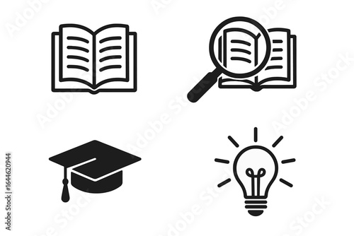 Education icons set with book, magnifying glass, graduation cap, and lightbulb. Vector symbols for learning, research, knowledge, achievement, and ideas. University concept.